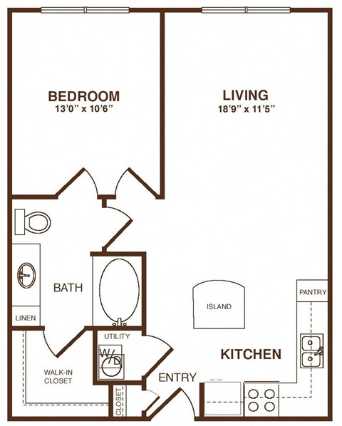 Floor plan for 1 bed, 1 bath, 670 sqft